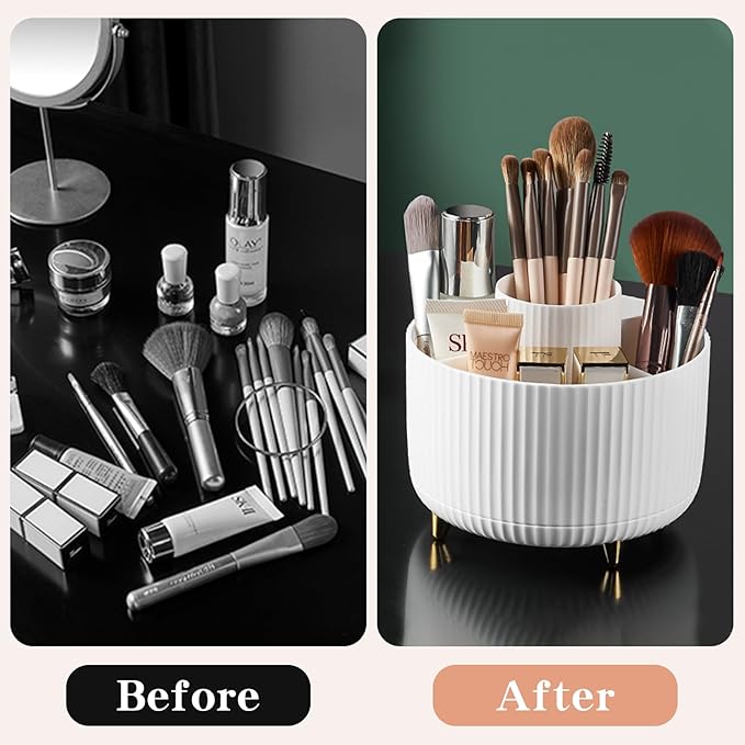 360° Rotating Desktop Women Brush Holder Organizer, Makeup Organizers Countertop (White-1)