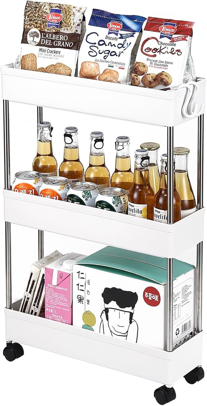 3-Tire Slim Storage Cart with 4 Hooks, Multi-Functional Narrow Rolling Kitchen Shelving Unit for Kitchen, Bathroom, Laundry Room, Office, White
