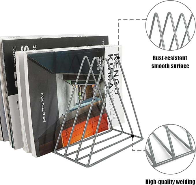 EASEPRES Vinyl Record Holder Storage, 9 Slot Metal Magazine Book Album Display Rack, Stylish Triangle Desktop File Sorter Organizer for Home Office, Grey