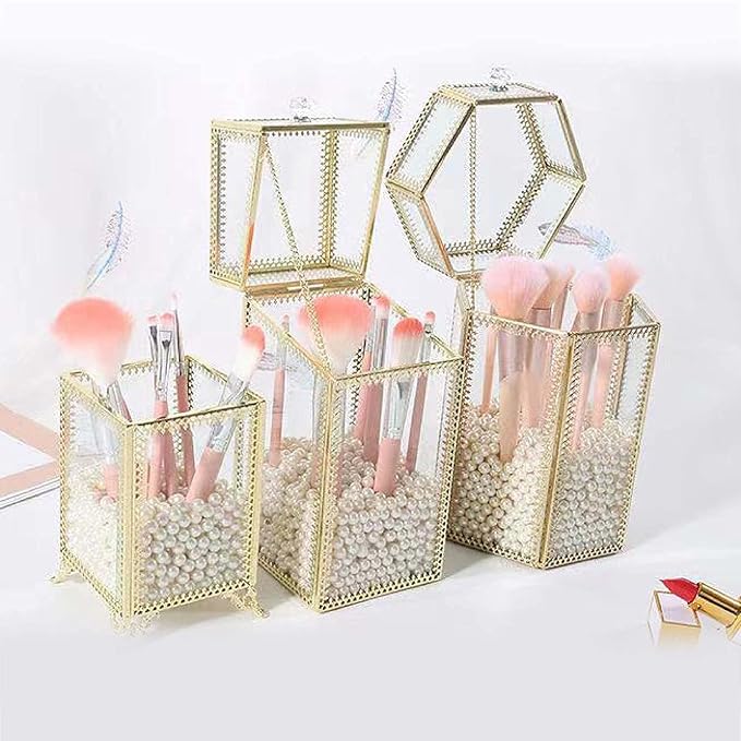 Glass Makeup Brush Holder with Lid Organizer Vintage Cosmetic Hexagonal Display Cases Brush Storage with Free White Pearls - Gold-NeatNest