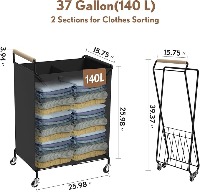 Foldable Metal Laundry Basket with Wheels, 2-Section Rolling Laundry Hamper, 37 Gallons (140L), Only 4LB, Removable Liner, Steel Frame with Handle, Black
