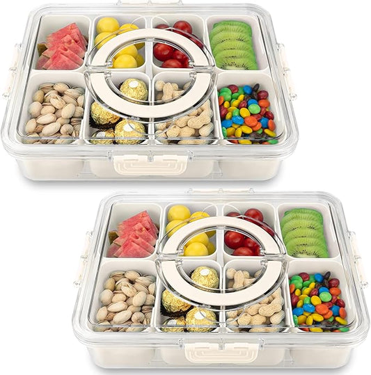 Divided Serving Tray with Lid and Handle,8 Compartments Snacks Box,Snack Fruit Tray,Veggie Tray,Portable Platter for Candy Fruits Nuts Snack Party Entertaining Picnic(2 PCS)-NeatNest