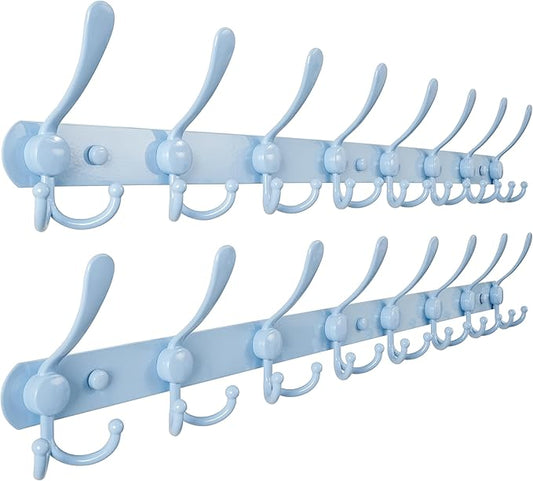Dseap Coat Rack Wall Mount - 29.5” Long 8-Tri-Hooks Heavy Duty Coat Hanger Rail Wall Hooks for Hanging Coats Hats Clothing Clothes Purse Mudroom Entryway, Blue, Pack of 2-NeatNest