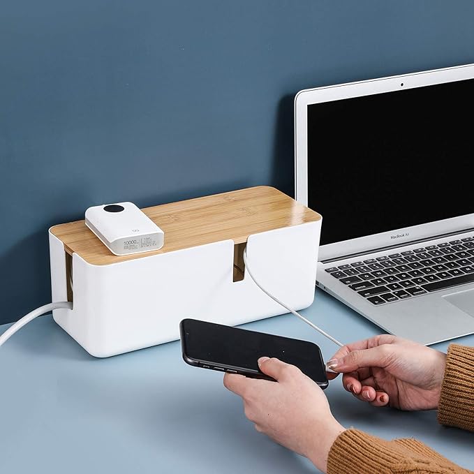 Changsuo Small Cable Management Box with Bamboo Lid for Extension Cord Power Stripe Surge Protector Wire Concealer Organizer Cover Hider (White)