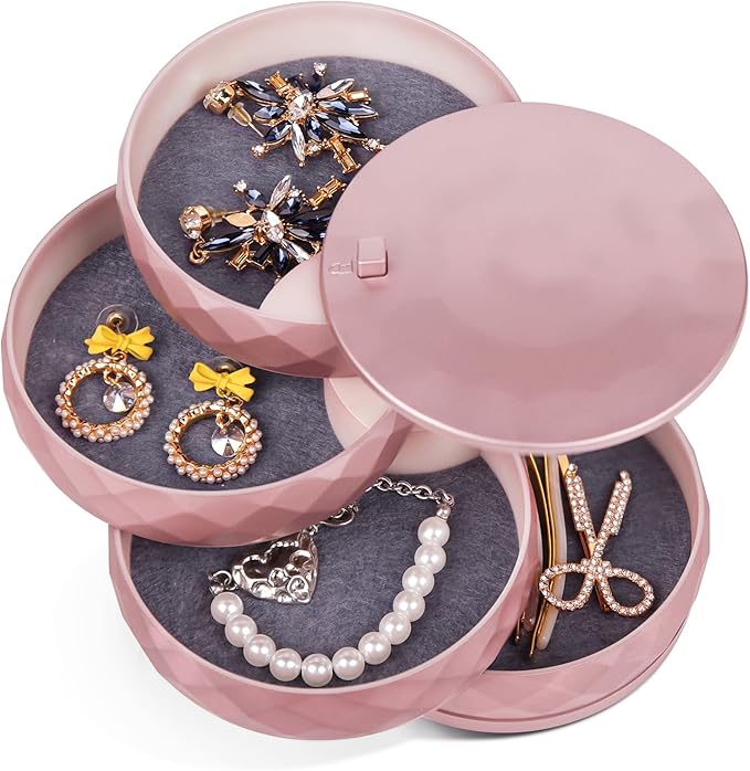 CONBOLA Travel Jewelry Case Box, Small Jewelry Organizer Earring Holder for Women, 5-Layer Rotating Jewelry Storage Tray with Lid for Bracelets Rings Bracelets-NeatNest