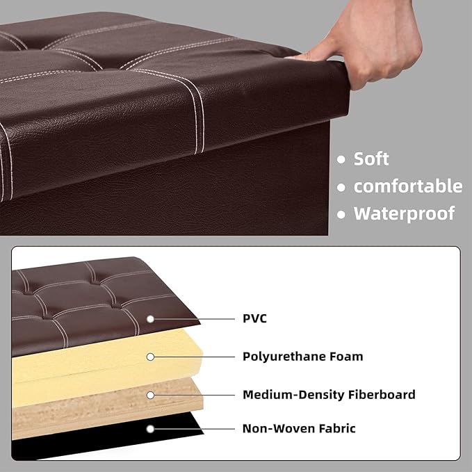 30 Inches Folding Storage Ottoman Bench, Faux Leather Footrest Ottoman, Storage Trunk Footrest for Bedroom, Living Room and Hallway, Support 350lbs, Brown White line
