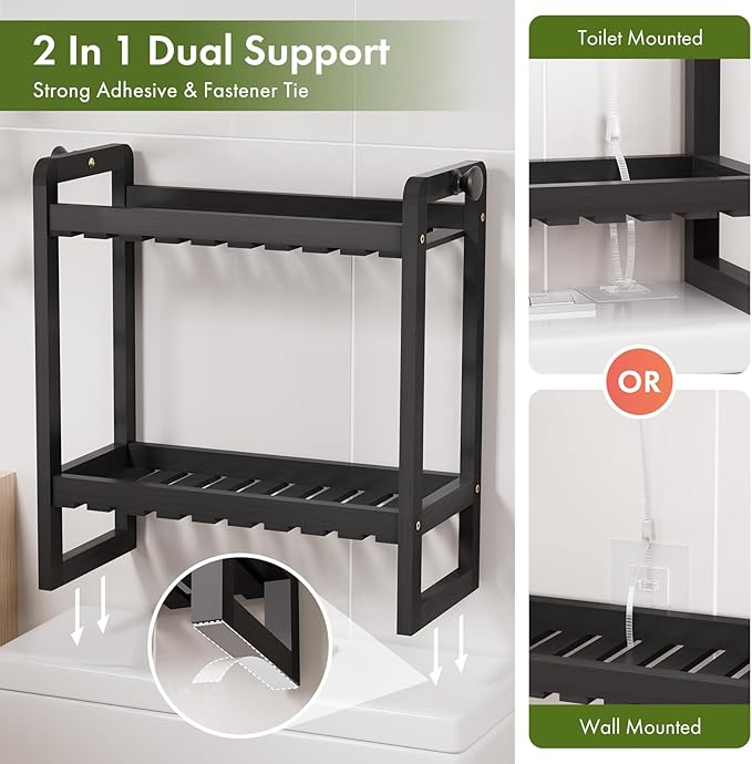 AmazerBath Bamboo Over The Toilet Storage Shelf - 2-Tier Bathroom Organizers and Storage Shelves, 2 in 1 Dual Stable Above Over Toilet Bathrooms Shelf Home Storages Rack for Small Bathroom, Black-NeatNest