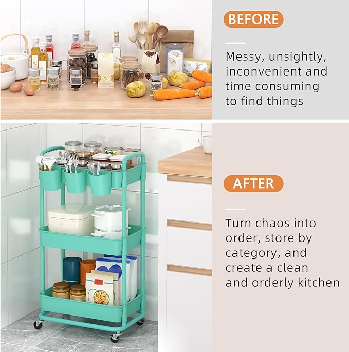 JIUYOTREE 3-Tier Plastic Rolling Storage Cart Utility Cart with Extra Hanging Cups Handles Lockable Wheels for Living Room Bathroom Kitchen Office Green-NeatNest