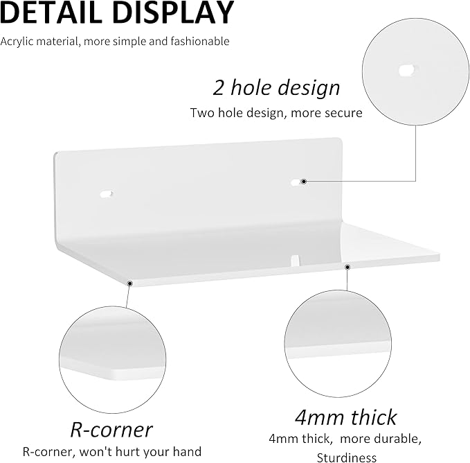 9 Inches Acrylic Wall Shelves 2 Pack, Floating Shelf for Wall Mounting, Acrylic Display Ledges for Funko Pop Figures, Home Décor, Living Room, Gaming Room, Plants(9 inch, White)-NeatNest