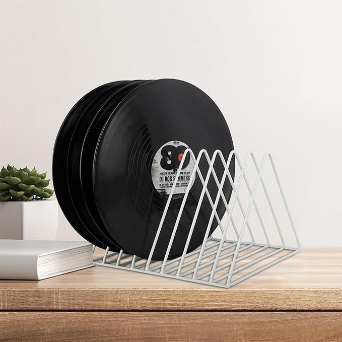 EASEPRES Vinyl Record Holder Storage, 9 Slot Metal Magazine Book Album Display Rack, Stylish Triangle Desktop File Sorter Organizer for Home Office, White