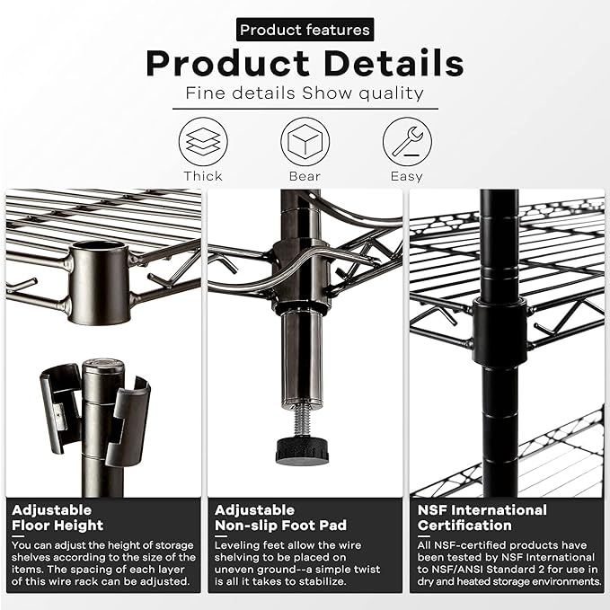 3-Tier Storage Shelves Adjustable, MGHH Wire Shelving Heavy Duty Storage Rack(150 Lbs Loading Capacity/ Shelf) Metal Shelf Organizer for Pantry Garage Kitchen 23"D x12"W x 30"H -Black-NeatNest