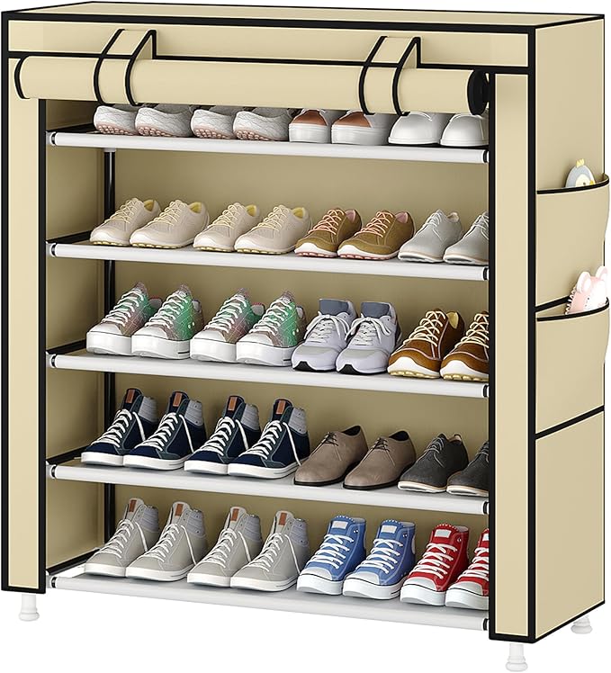 Laiensia 5-Tier Vertical Shoe Rack Organizer, Space Saving Shoe Storage Organizer, Non-Woven Cover Shoe Shelf Holds 20-25Pairs for Bedroom, Hallway, Closet Entryway, Beige-NeatNest