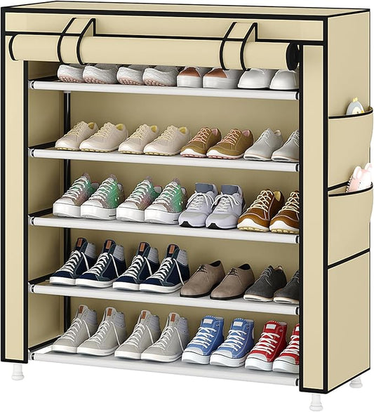 Laiensia 5-Tier Vertical Shoe Rack Organizer, Space Saving Shoe Storage Organizer, Non-Woven Cover Shoe Shelf Holds 20-25Pairs for Bedroom, Hallway, Closet Entryway, Beige-NeatNest