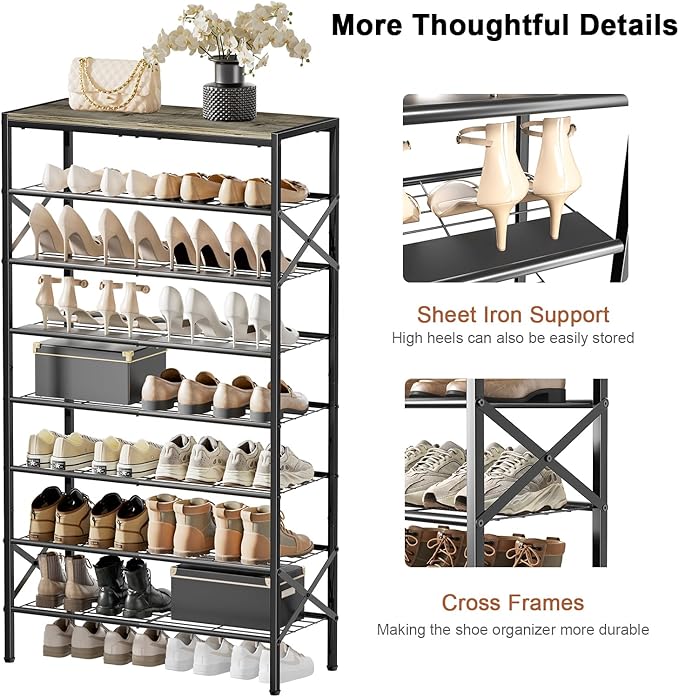 8-Tier Tall Shoe Rack Organizer Shoe Storage for Entryway 24-32 Pairs Metal Shoe Rack for Closet Heavy-Duty Shoe Rack with Wooden Top Shelf for Garage Gray-NeatNest