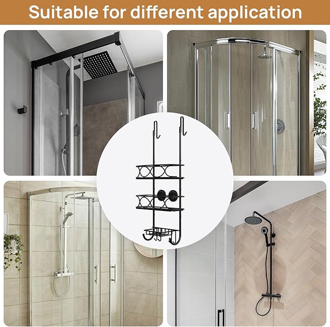 LEVERLOC Over The Door Shower Caddy, Shower Hanging Organizer Sturdy Rust Proof Bathroom Shelves with Strong Suction Cup and Reliable Hooks, Bath Basket Storage Rack, Metal Black-NeatNest