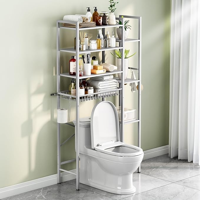 8-Tier Over The Toilet Storage with Side Rack, Over Toilet Storage Rack with Adjustable Shelf & Drain Basket, Freestanding Bathroom Organizer for Balcony, Laundry (Pure White)