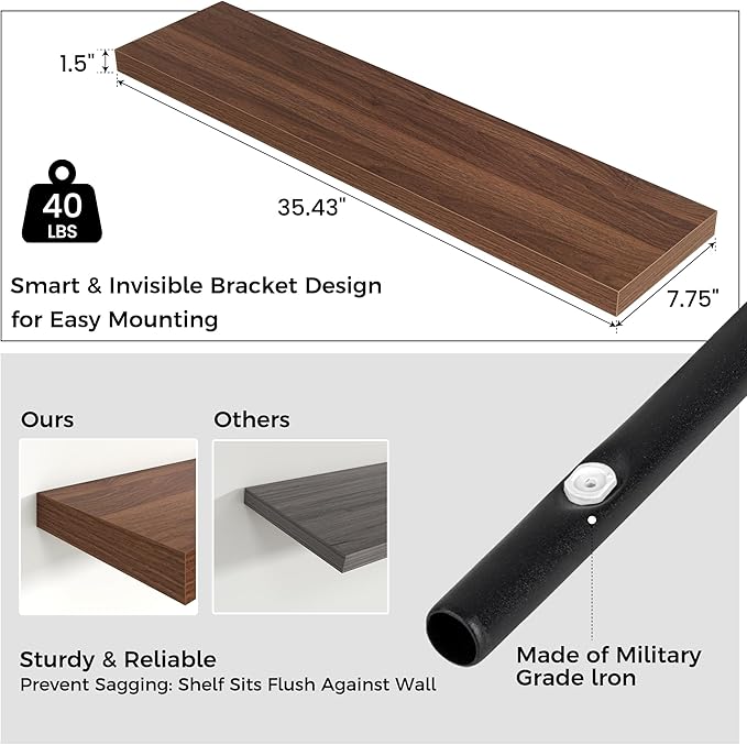 Floating Shelves for Wall, 36"W x 7.8"D x 1.5"H, 2 Pack of Long Wall Mounted Engineered Wood Shelves with Invisible Brackets for Living Room, Bedroom, Bathroom, Kitchen Decor and Storage, Walnut-NeatNest