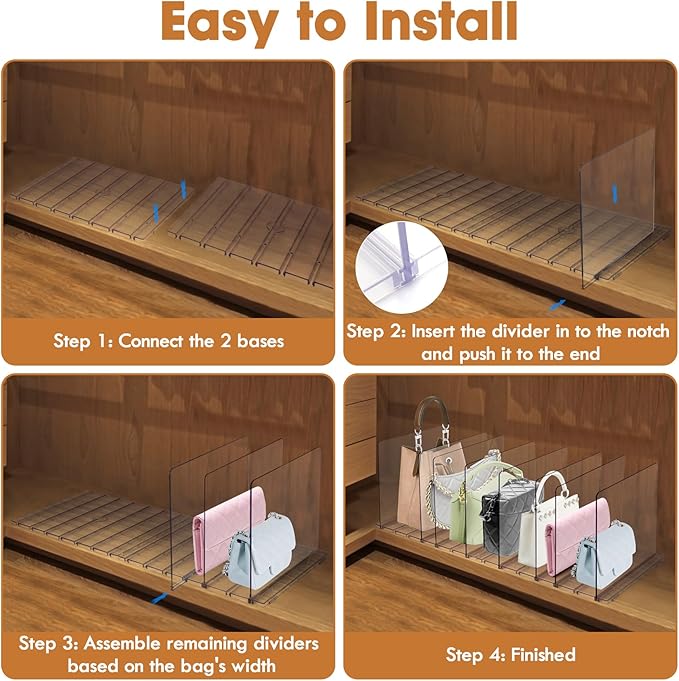 Acrylic Purse Organizer, Purse Storage Rack for Closet Organization, Clear Shelf Divider, Adjustable Clutch Bag Organizer Handbag Dividers Rack, Detachable Separators for Bedroom Bathroom Office-NeatNest