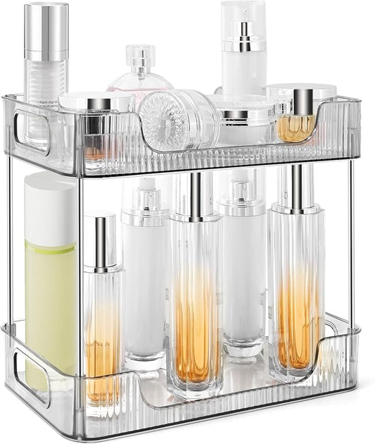 2-Tier Bathroom Counter Organizer Countertop Storage, Dresser Organizer Vanity Tray for Makeup, Perfume Organizer Cosmetics Skincare Shelf - Grey-NeatNest