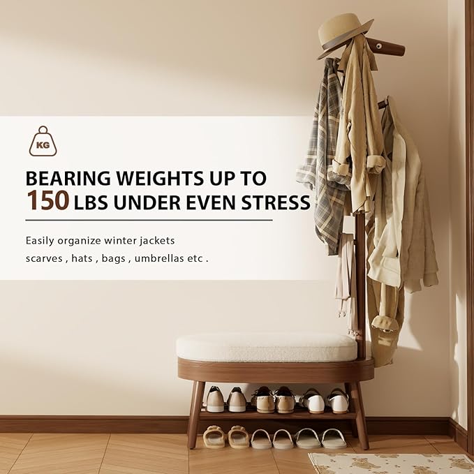 Shoe Bench Entryway,Coat Rack with Shoe Storage, Coat Rack and Shoe Rack, Wooden Narrow Shoe Bench（Walnut）