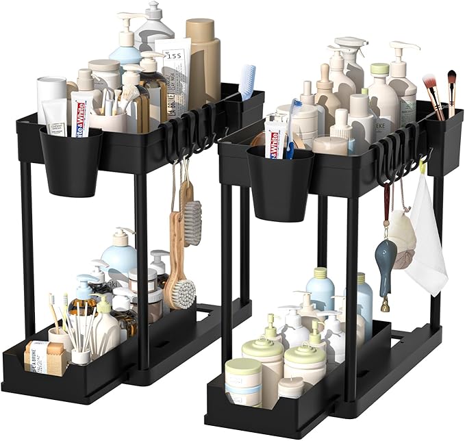 2 Pack Under Sink Organizer, 2 Tier Bathroom Organizers and Storage, Cabinet Organizer with Hook, Multi-Purpose Under Sink Organizers and Storage for Bathroom & Kitchen, Bedroom (Black)-NeatNest