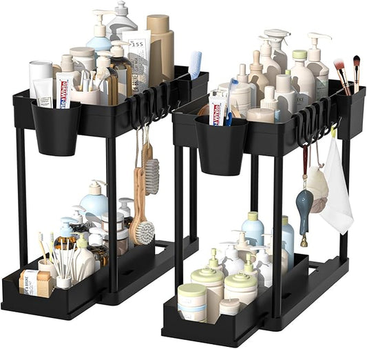 2 Pack Under Sink Organizer, 2 Tier Bathroom Organizers and Storage, Cabinet Organizer with Hook, Multi-Purpose Under Sink Organizers and Storage for Bathroom & Kitchen, Bedroom (Black)-NeatNest