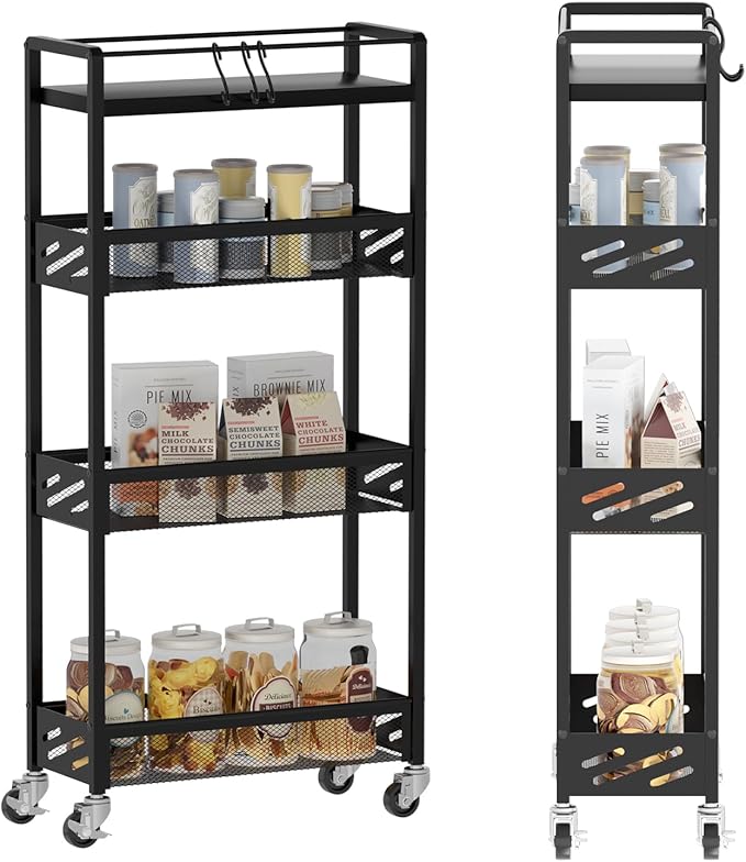 DGSNADGO Slim Rolling Storage Cart, 4-Tier Kitchen Cart on Wheels, Narrow Utility Cart with Handle and Wooden Tabletop for Small Space in Kitchen, Living Room, Bathroom, Laundry Room, Beige (Black)