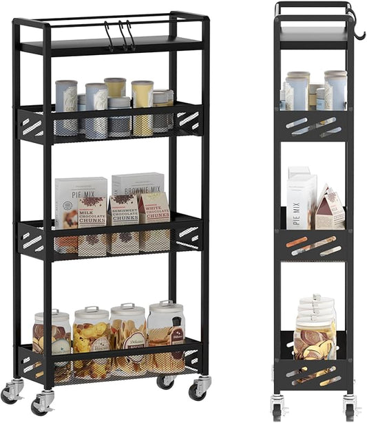 DGSNADGO Slim Rolling Storage Cart, 4-Tier Kitchen Cart on Wheels, Narrow Utility Cart with Handle and Wooden Tabletop for Small Space in Kitchen, Living Room, Bathroom, Laundry Room, Beige (Black)