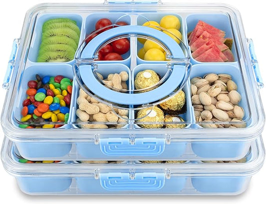 Divided Serving Tray with Lid and Handle,8 Compartments Snacks Box,Snack Fruit Veggie Tray,Portable Platter for Candy Fruits Nuts Snack Party Entertaining Picnic (2PCS Blue)-NeatNest