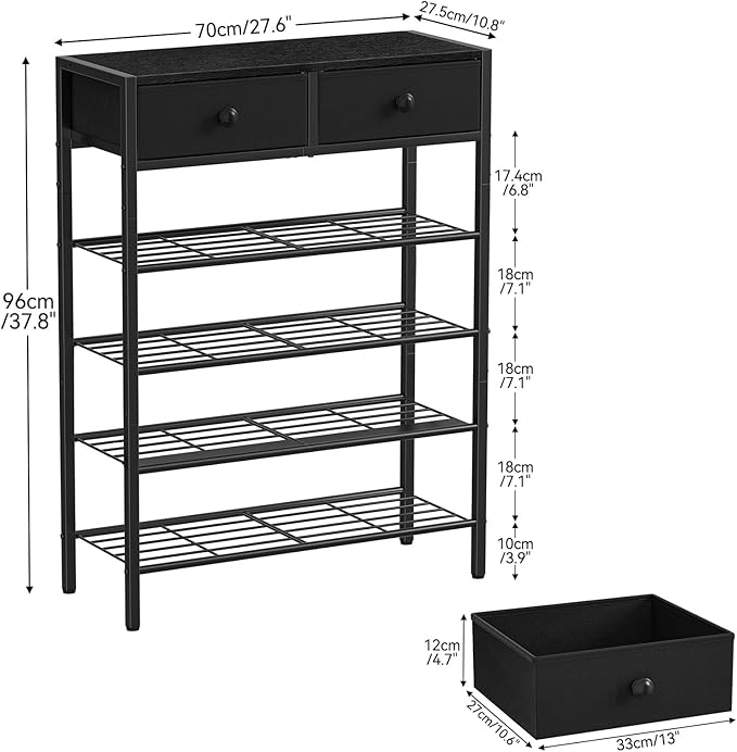 Shoe Rack for Entryway, 5 Tier Shoe Organizer with 2 Non-Woven Drawers, Metal Storage Shoe Shelf for 16-20 Pairs of Shoes, with Wooden Top and Steel Frame, Shoe Stand for Closet Charcoal-NeatNest