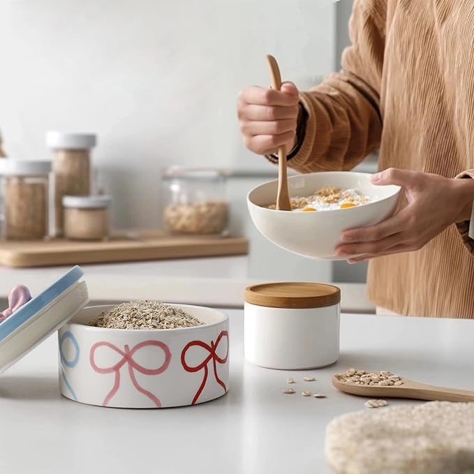 Cookie Jars with Lid Airtight, Wide Mouth Large Ceramic Food Storage Containers, Hand-Drawn Bow Kitchen Canisters for Countertop, Suitable for Home Decor of Coffee, Sugar, Tea, Flour, Dog Treat-NeatNest