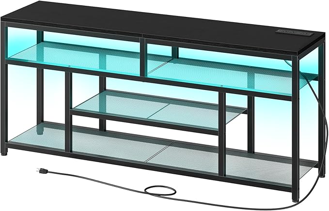 HOOBRO LED TV Stand with Charging Station, 4-Tier Entertainment Gaming Center, Modern Media Console Table, Open Shelves, 55.1"L x 13.8"W x 26.2"H, for TVs up to 65", for Living Room, Black BB47UDDS01-NeatNest