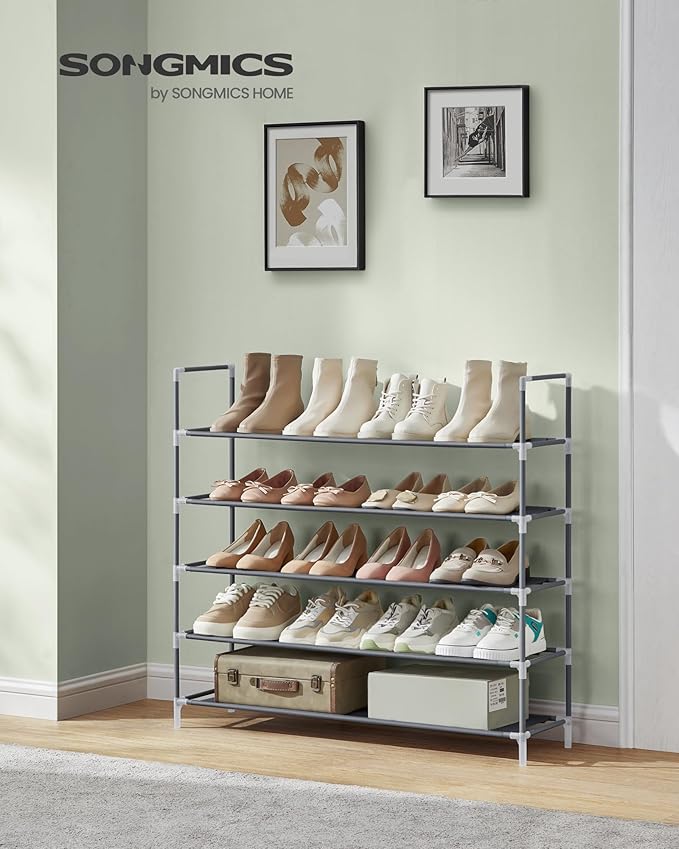 SONGMICS 5-Tier Shoe Rack, Shoe Storage for Hallway Closet, Slim and Space-Saving, Metal Frame, Non-Woven Fabric Shelves, Grey ULSH055G01V1-NeatNest