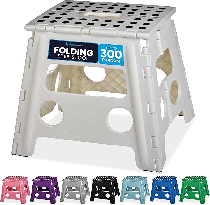 Handy Laundry Folding Lightweight Step Stool - Sturdy Enough to Support Adults and Safe Enough for Kids - Opens Easy with One Flip - Great for Kitchen, Bathroom or Bedroom (White - 13 inch)