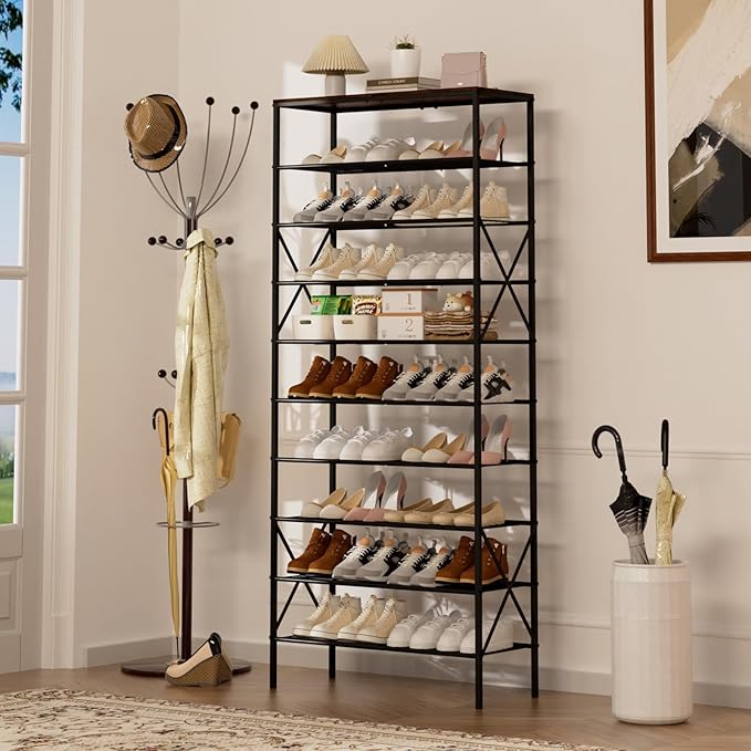 10-Tier Shoe Rack 40 Pairs, Space Saving Organizer for Entryway/Closet/Apartment, Industrial Metal Shelf with Rustic Brown Top-NeatNest