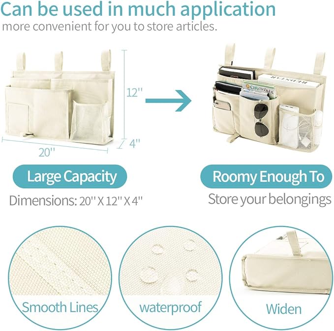 Bseash Bunk Bed Organizer, Bedside Caddy Hanging Bed Organizer Storage Bag 8 Pockets, for College Dorm Rooms Bed, Hospital Bed, Baby Bed Rails, 600D Oxford Cloth (Beige)-NeatNest