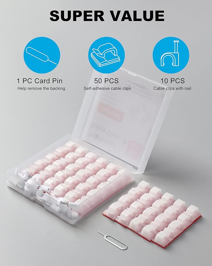 Adhesive Cable Clips White (60 PCS), Upgraded Wire Clips for Cable Management, Strong Cord Clips Wire Holders for The Wall, Under Desk, Led Strip, Electric Wires, Ethernet Cable Clips_Small-NeatNest