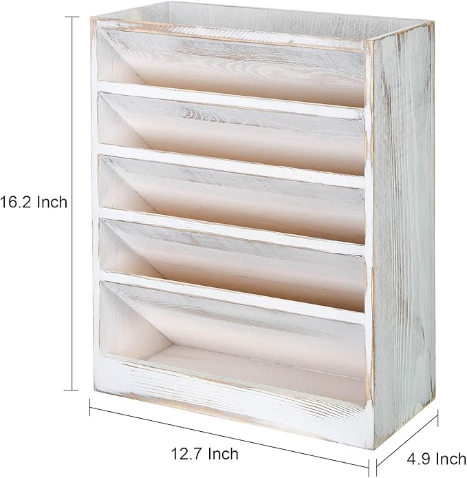 Vintage Rustic Wooden 5 Slot Office Desk or Distressed Torched Wood Wall Mounted Hanging Document Filing Organizer，Magazine Rack，Mail Holder Organizer display stand