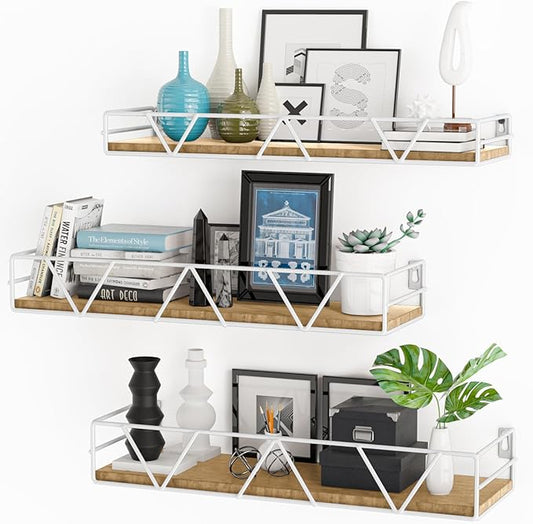 Floating Shelves Set of 3, Home Wood Wall Shelf, Farmhouse Shelf for Bedroom, Wall Mounted Floating Shelf for Living Room, Bedroom, Bathroom, Kitchen, Office (White)-NeatNest