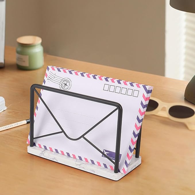 Modern Mail Holder for Home Office, Metal Letter Organizer Sorter for Desk, Cutout Mail Envelope Design, Bill Filling Paper Document Rack, Envelope Storage Rack with Marble Base