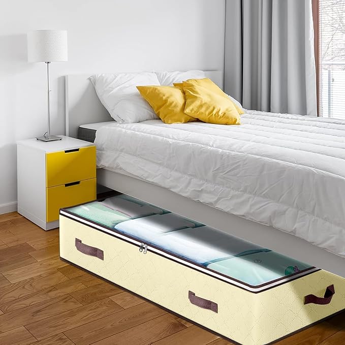 Budding Joy 6 Pack 90L Under bed Storage Containers Organizer Large Capacity Underbed Clothes Storage Bins Organization and Storage Bedroom Foldable Storage Bags with Clear Window Beige-NeatNest
