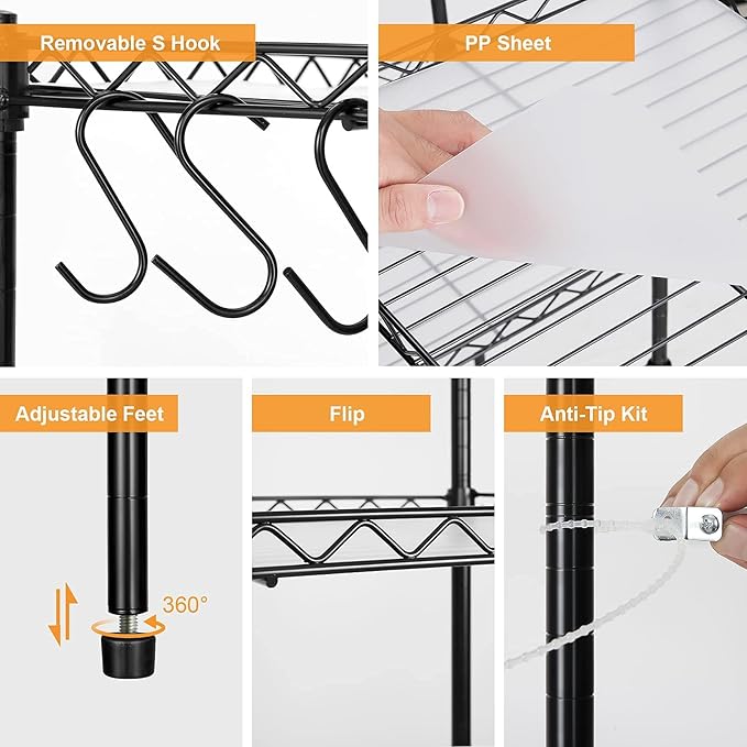 5-Tier Wire Shelving, 11.8x15.7x63in, Black - Heavy Duty Shelf - Kitchen Storage Shelves