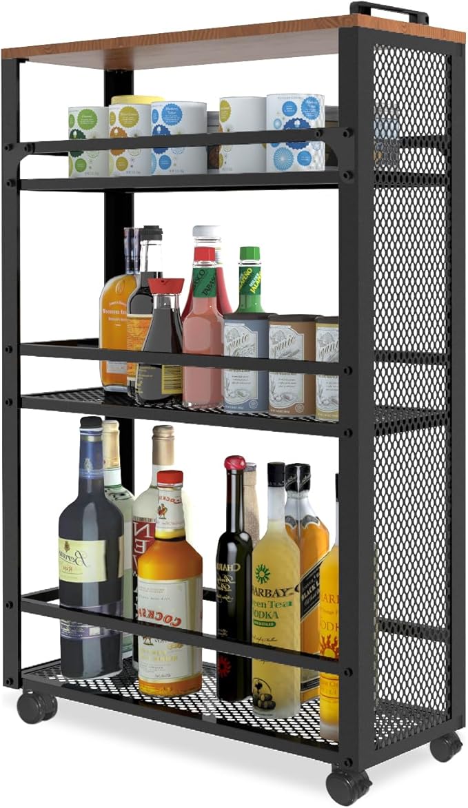 2025 New, Slim Kitchen Storage Cart, 3-Tier Metal Rolling Utility Cart Mesh Basket, Multifunction Wire Basket Shelf Trolley for Home Laundry, Bathroom, Living Room, Black
