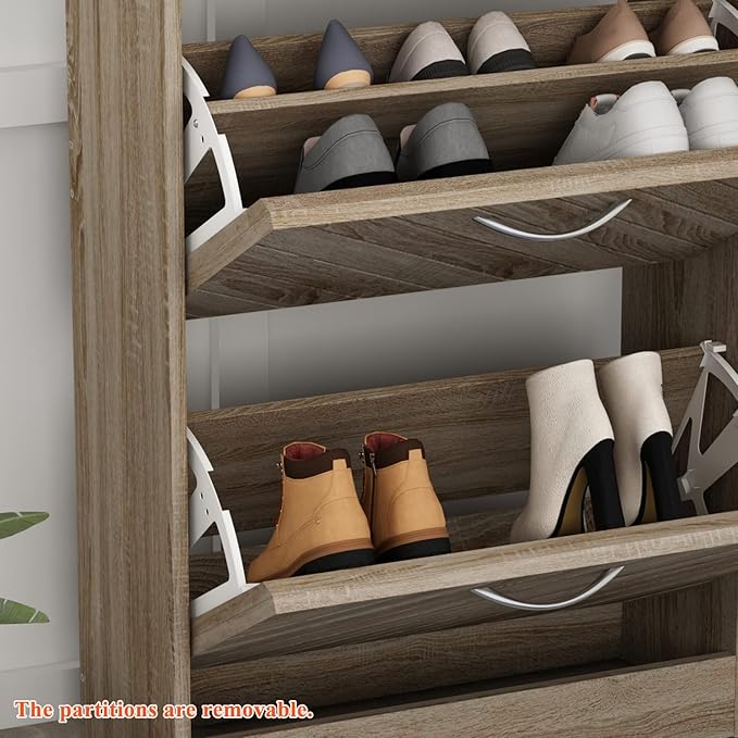 Homsee Modern Shoe Storage Cabinet with 3 Flip Drawers & Twill Louver Doors, Wood 3-Tier Shoe Rack Storage Organizer for Entryway, Hallway & Bedroom, Brown (22.4”L x 9.4”W x 42.3”H)-NeatNest