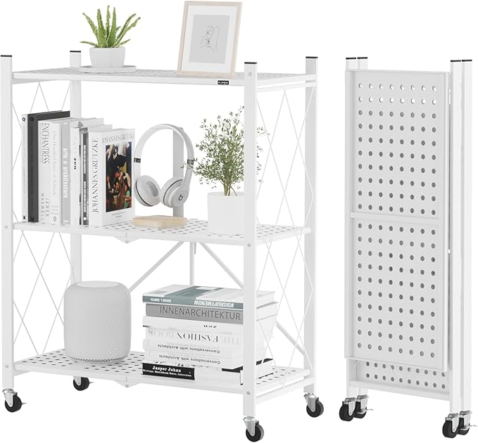 ALANNG Storage Shelves with Wheels, Bookshelf with Storage, No Assembly Metal Rack Cart for Kitchen, Office, Laundry, Garage (3 Tier, White)