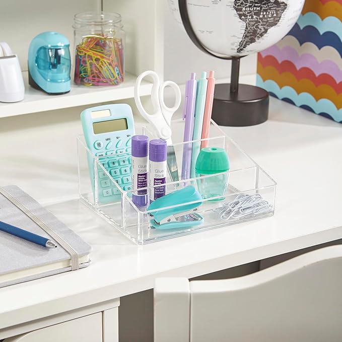 STORi Clear Plastic Small Countertop Vanity Makeup Organizer, Compact Rectangular 4-Compartment Holder for Brushes, Eyeshadow Palettes, & Beauty Supplies, Made in USA-NeatNest