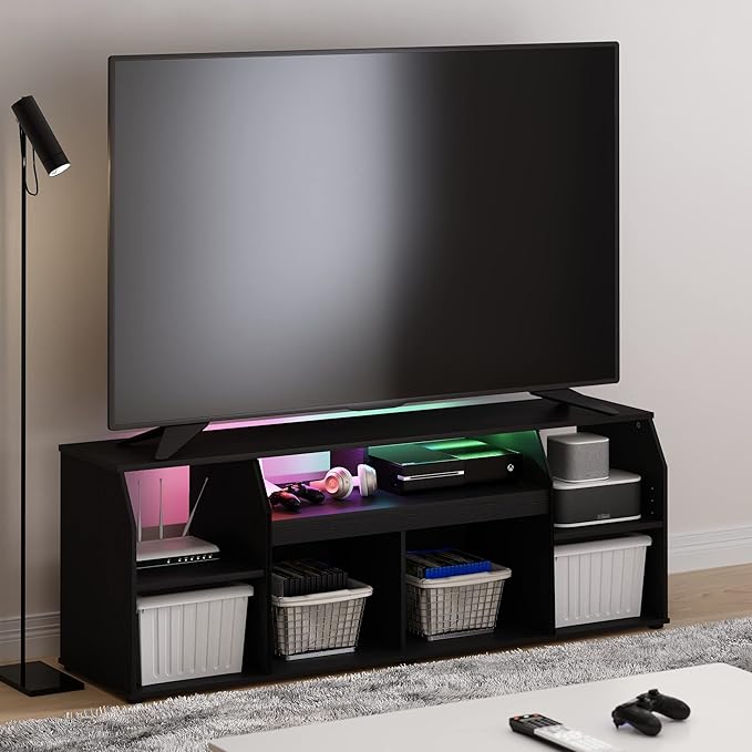 Furinno Jaya TV stand for up to 65 Inch TV, Gaming Enterteinment Center with LED Lights, Living Room Media Console Table, Americano-NeatNest