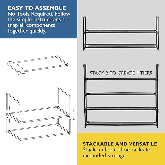 Sundaze Shoe Rack - 2 Tier Shoe Rack for Front Door Entrance, Sturdy Long Shoe Organizer for Closet, Bedroom, Entryway, Garage, Non Woven Fabric Shelf, Black, Holds Up to 10 Pairs-NeatNest