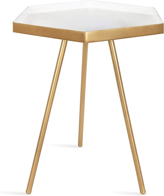 Kate and Laurel Kashvi Modern Hexagon Side Table, 14" x 14" x 20", White and Gold, Contemporary Geometric Accent End Table
