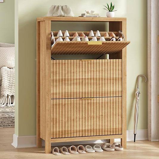 Shoe Cabinet Storage for Entryway, Fluted Shoe Cabinet with 3 Flip Drawers, Hidden Shoe Rack Tall Freestanding Shoe Organizer with Legs for Hallway, Wood-NeatNest